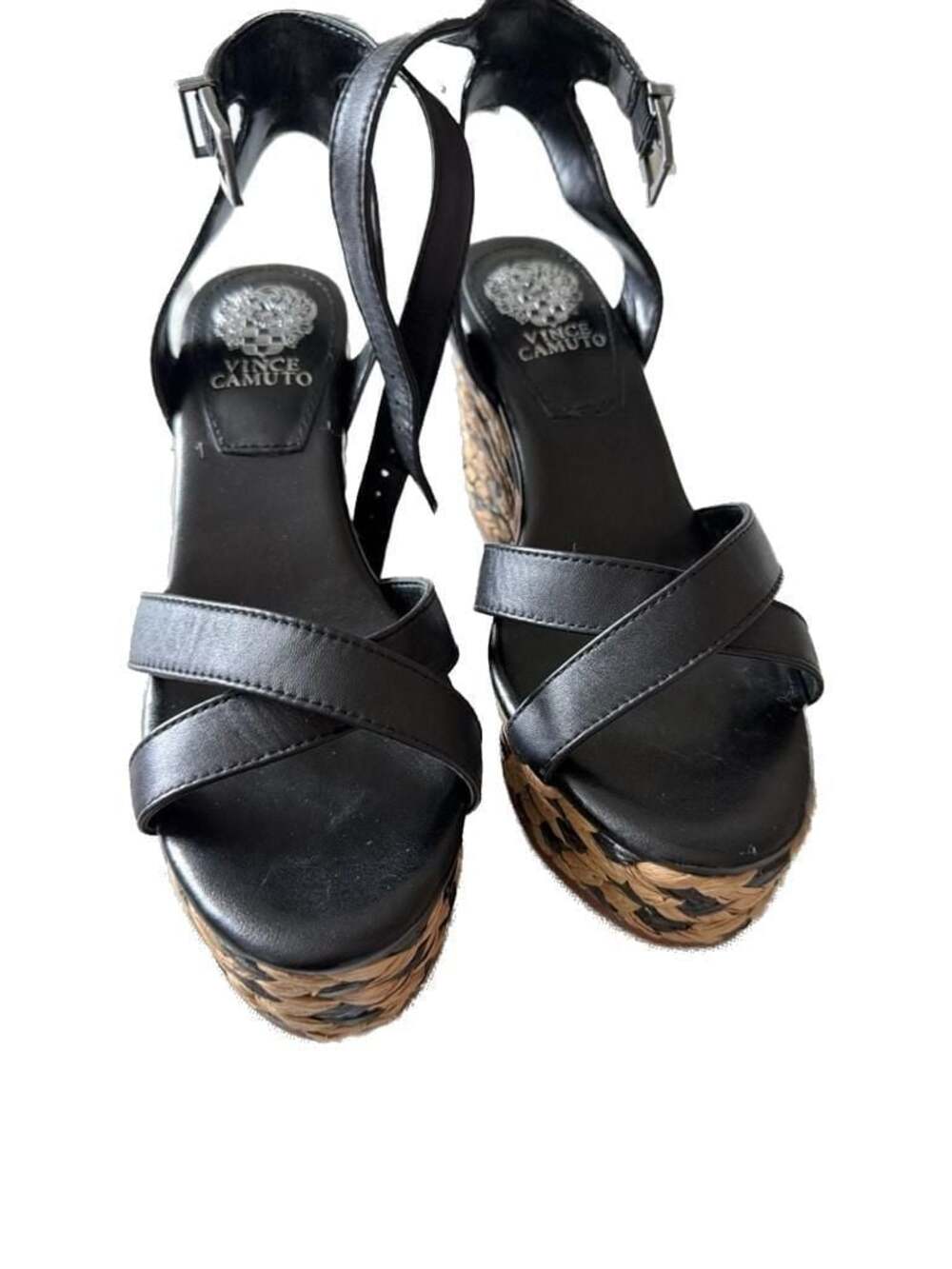 Vince Camuto Fettana Black Leather Woven Espadrille Wedge Sandals
